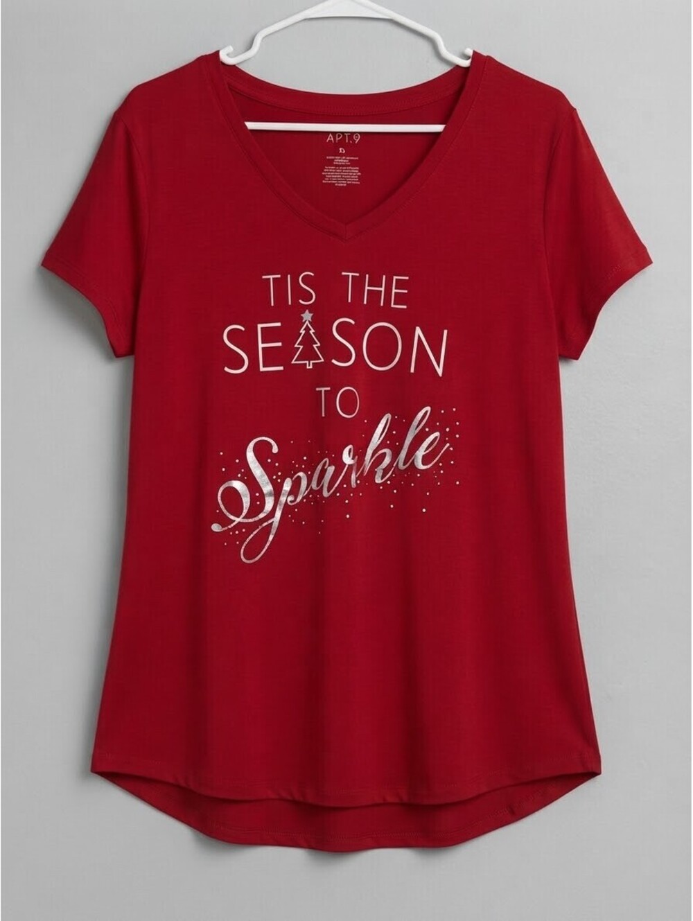 Apt. 9 Red Tis The Season To Sparkle Holiday V-Neck T-Shirt Size XL